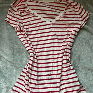 Red and white striped v neck t shirt